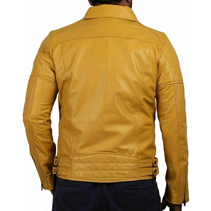 【並行輸入品】Men Yellow Genuine Lambskin Real Leather Jacket Motorcycle Fashiの画像