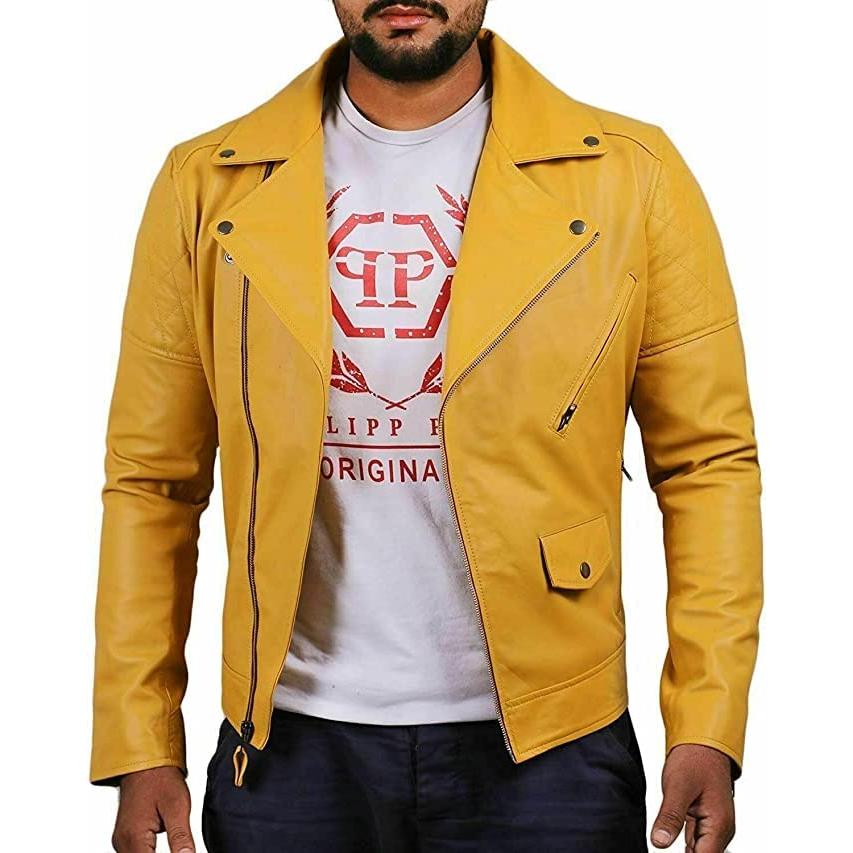 【並行輸入品】Men Yellow Genuine Lambskin Real Leather Jacket Motorcycle Fashiの画像