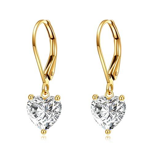 【並行輸入品】14K ソリッドイエローゴールド モアッサナイト ハートカット レバーバック ドロップイヤリング レディース ハートジュエリー ゴの画像