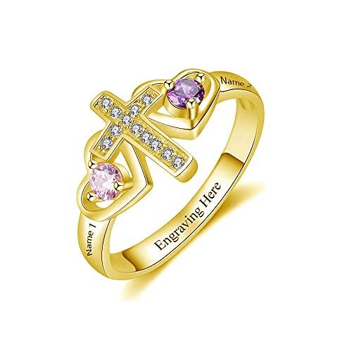【並行輸入品】10K 14K 18K ソリッドゴールド マザーリング レディース パーソナライズ マザーリング 人工誕生石2個と名前入り ゴールの画像