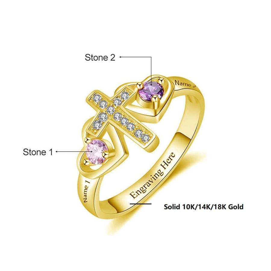 【並行輸入品】10K 14K 18K ソリッドゴールド マザーリング レディース パーソナライズ マザーリング 人工誕生石2個と名前入り ゴールの画像