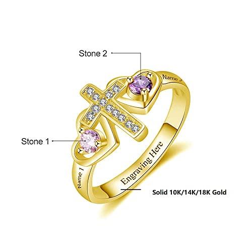 【並行輸入品】10K 14K 18K ソリッドゴールド マザーリング レディース パーソナライズ マザーリング 人工誕生石2個と名前入り ゴールの画像