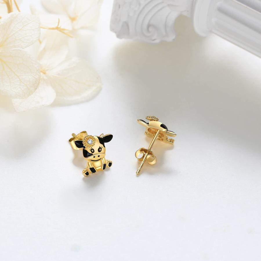 【並行輸入品】牛ピアス 14K リアルゴールドピアス スタッド かわいい動物イヤリング 牛のギフト 彼女への誕生日プレゼント, イエローゴールドの画像