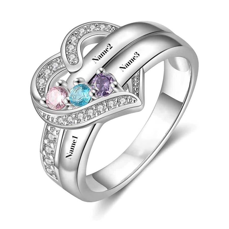 【並行輸入品】10k 14k 18k Solid Gold Personalized Mothers Rings with 3 CZ Birtの画像