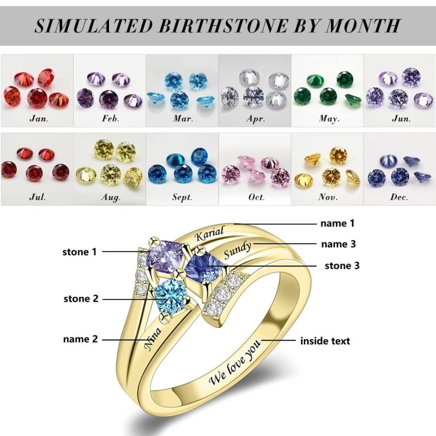 【並行輸入品】10K 14K 18K ソリッドゴールド マザーリング レディース パーソナライズ マザードーターリング 人工誕生石3個と名前付きの画像