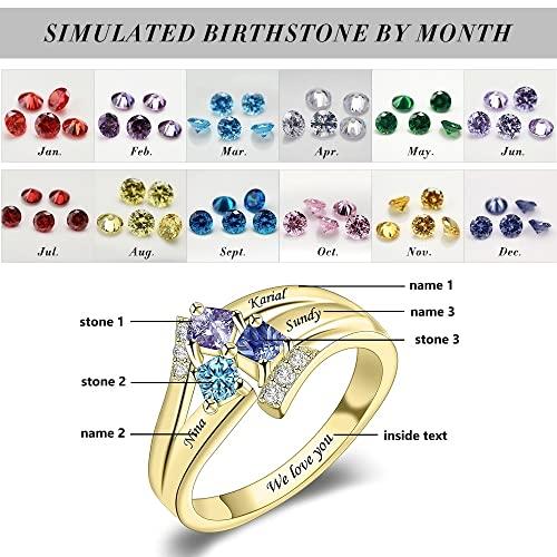 【並行輸入品】10K 14K 18K ソリッドゴールド マザーリング レディース パーソナライズ マザードーターリング 人工誕生石3個と名前付きの画像