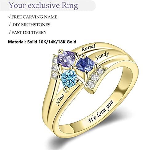 【並行輸入品】10K 14K 18K ソリッドゴールド マザーリング レディース パーソナライズ マザードーターリング 人工誕生石3個と名前付きの画像