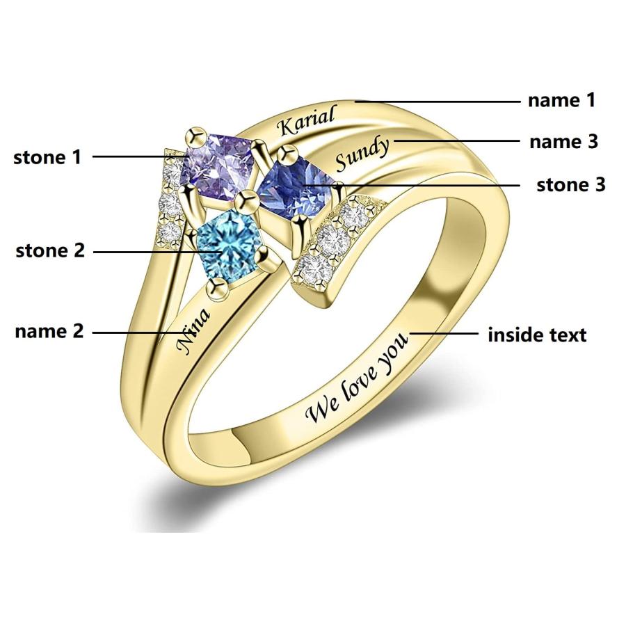 【並行輸入品】10K 14K 18K ソリッドゴールド マザーリング レディース パーソナライズ マザードーターリング 人工誕生石3個と名前付きの画像