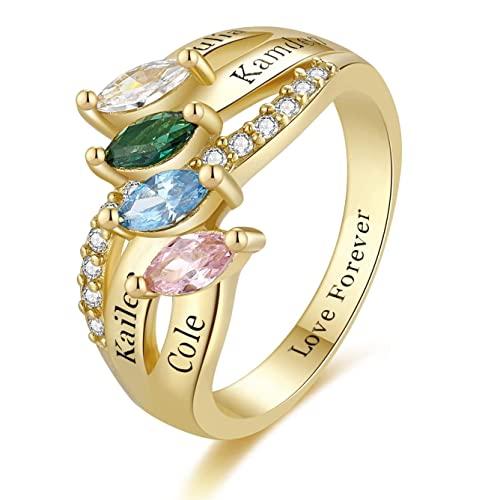 【並行輸入品】10K 14K 18K ソリッドゴールド マザーリング レディース パーソナライズ マザードーターリング 4つの模造誕生石と名前付の画像