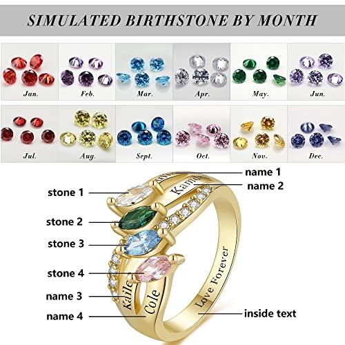 【並行輸入品】10K 14K 18K ソリッドゴールド マザーリング レディース パーソナライズ マザードーターリング 4つの模造誕生石と名前付の画像