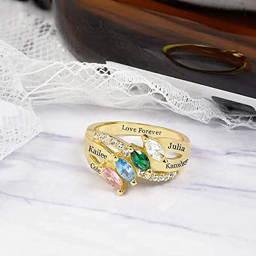 【並行輸入品】10K 14K 18K ソリッドゴールド マザーリング レディース パーソナライズ マザードーターリング 4つの模造誕生石と名前付の画像