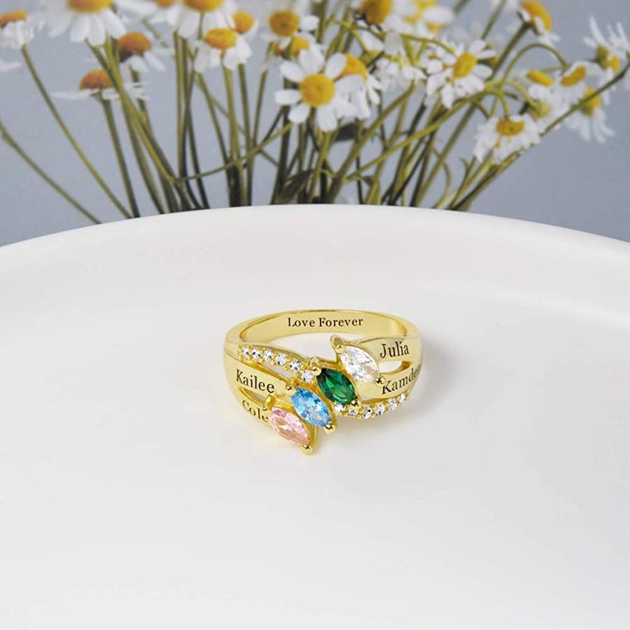 【並行輸入品】10K 14K 18K ソリッドゴールド マザーリング レディース パーソナライズ マザードーターリング 4つの模造誕生石と名前付の画像