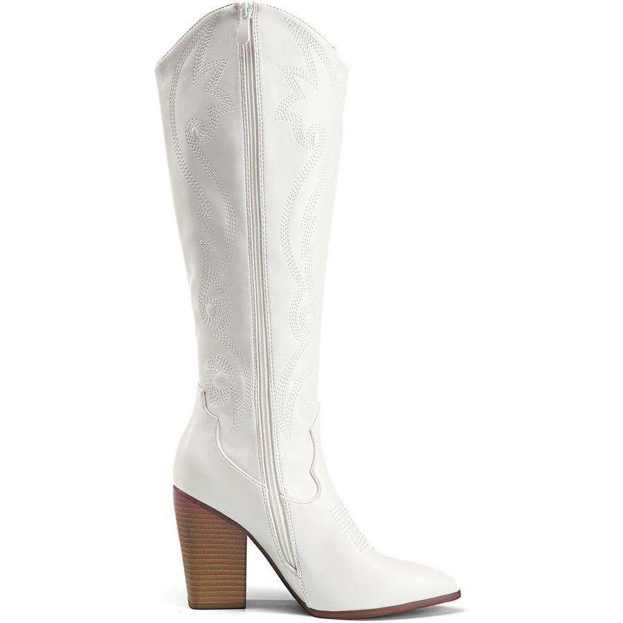 国産 DREAM PAIRS Women´s Knee-High Boots Chunky Heel Pointed Toe Pull On Zipper Embroidered Western Cowgirl Cowboy Boots White Size 7 Sdkb2302w