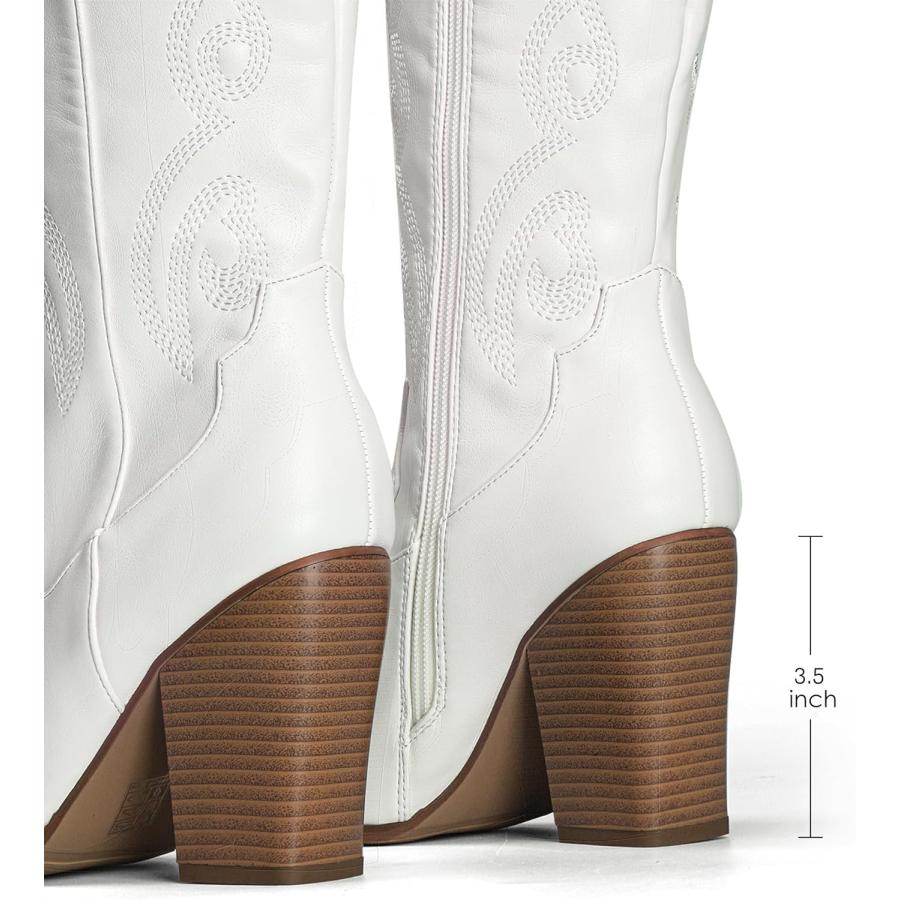 国産 DREAM PAIRS Women´s Knee-High Boots Chunky Heel Pointed Toe Pull On Zipper Embroidered Western Cowgirl Cowboy Boots White Size 7 Sdkb2302w
