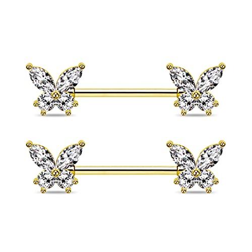 【並行輸入品】Jewseen バタフライニップルリング レディース 14G ニップルピアス ジュエリー ゴールドニップルリング サージカルスチー_1