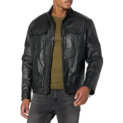 【並行輸入品】Cole Haan Men's Leather Trucker Jacket, Blackの画像