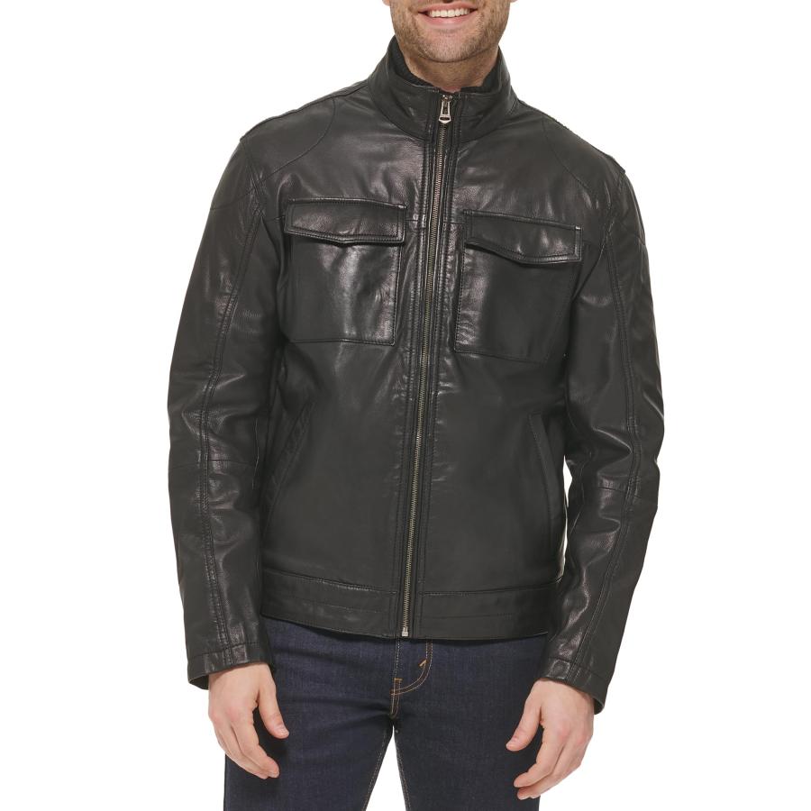 【並行輸入品】Cole Haan Men's Leather Trucker Jacket, Blackの画像
