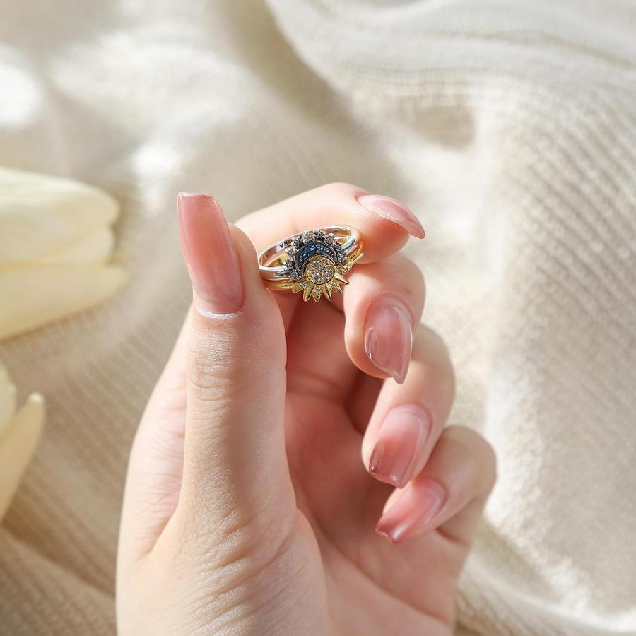 【並行輸入品】UNE DOUCE 天体太陽と月のリングセット 輝く太陽のリング/ブルームーンリング 14Kゴールド/シルバーメッキ 友情の約束リの画像