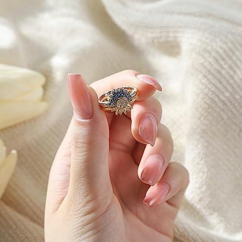 【並行輸入品】UNE DOUCE 天体太陽と月のリングセット 輝く太陽のリング/ブルームーンリング 14Kゴールド/シルバーメッキ 友情の約束リの画像