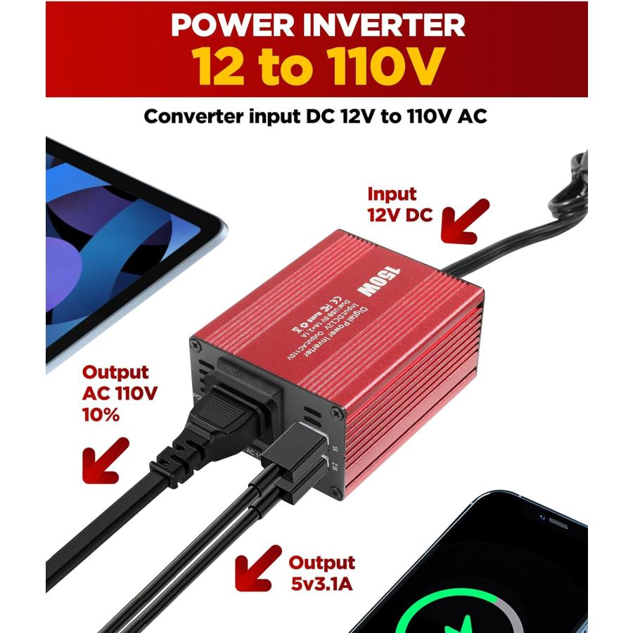 【並行輸入品】AOCISKA 150W Power Inverter Car Truck RV Inverter 12V DC to 110V AC_1