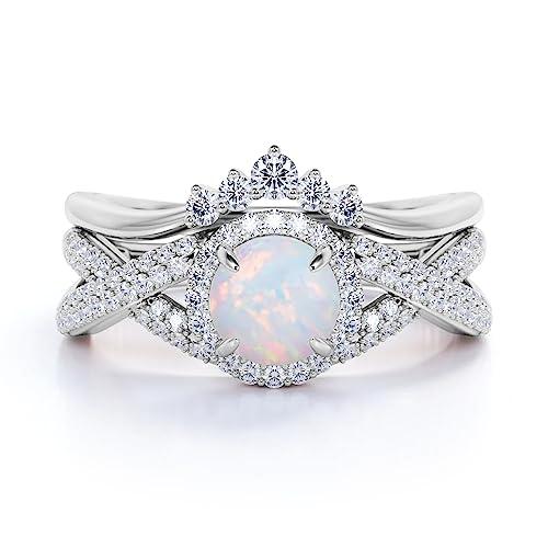 【並行輸入品】Ayafee Center 1CT White Opal Wedding Ring Sets for Women 10K 14Kの画像