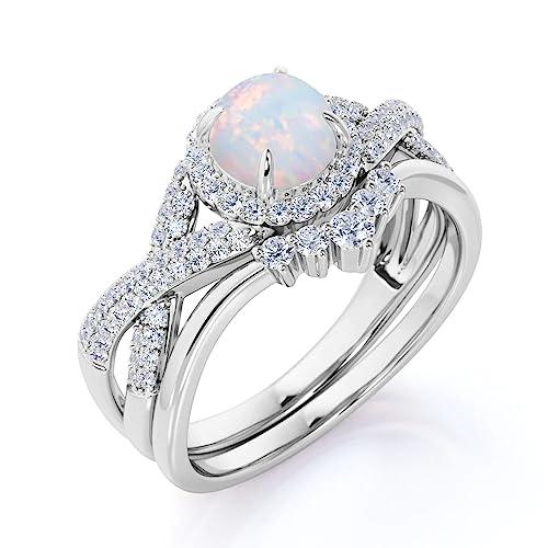 【並行輸入品】Ayafee Center 1CT White Opal Wedding Ring Sets for Women 10K 14Kの画像