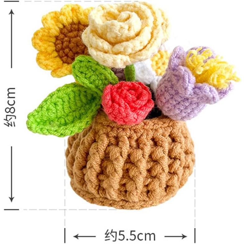 Surakey Car Crochet Flowers Basket Ornament Handmade Knitted Wool Flowers Potted Plants Basket Auto Dashboard Interior Accessories Dash Table Decor｜good-face｜03