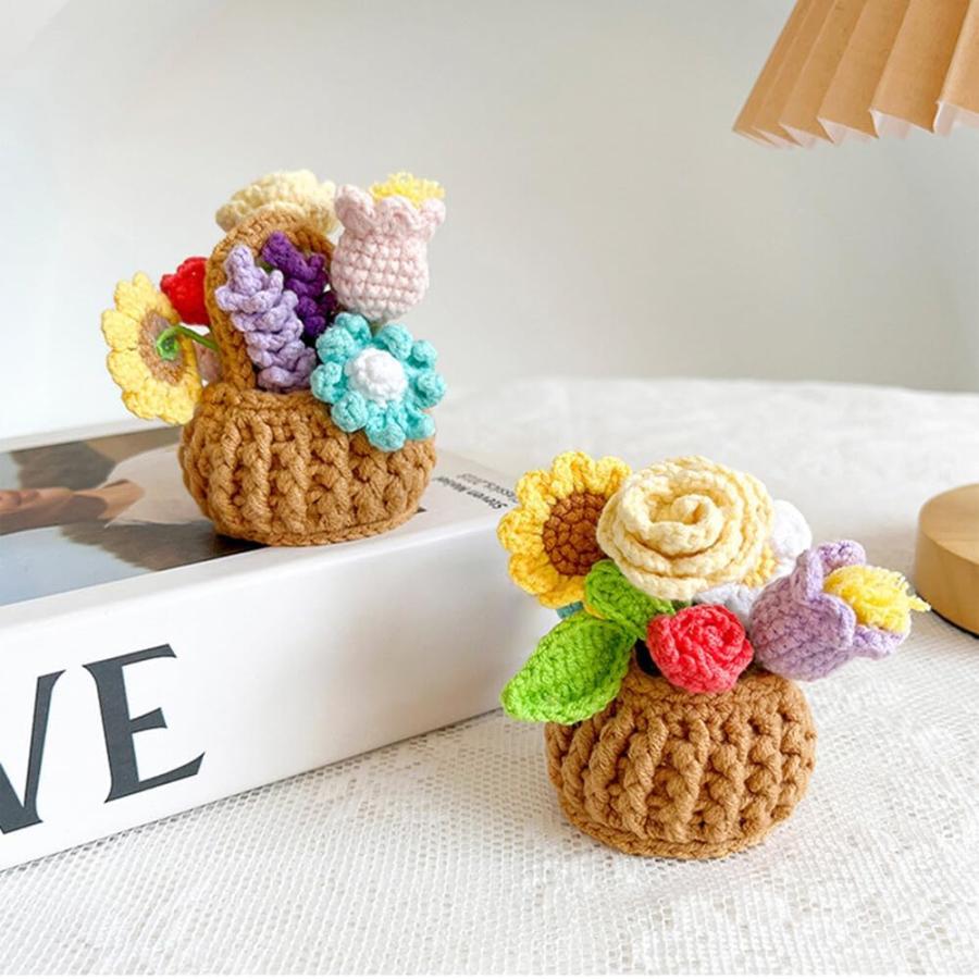 Surakey Car Crochet Flowers Basket Ornament Handmade Knitted Wool Flowers Potted Plants Basket Auto Dashboard Interior Accessories Dash Table Decor｜good-face｜06