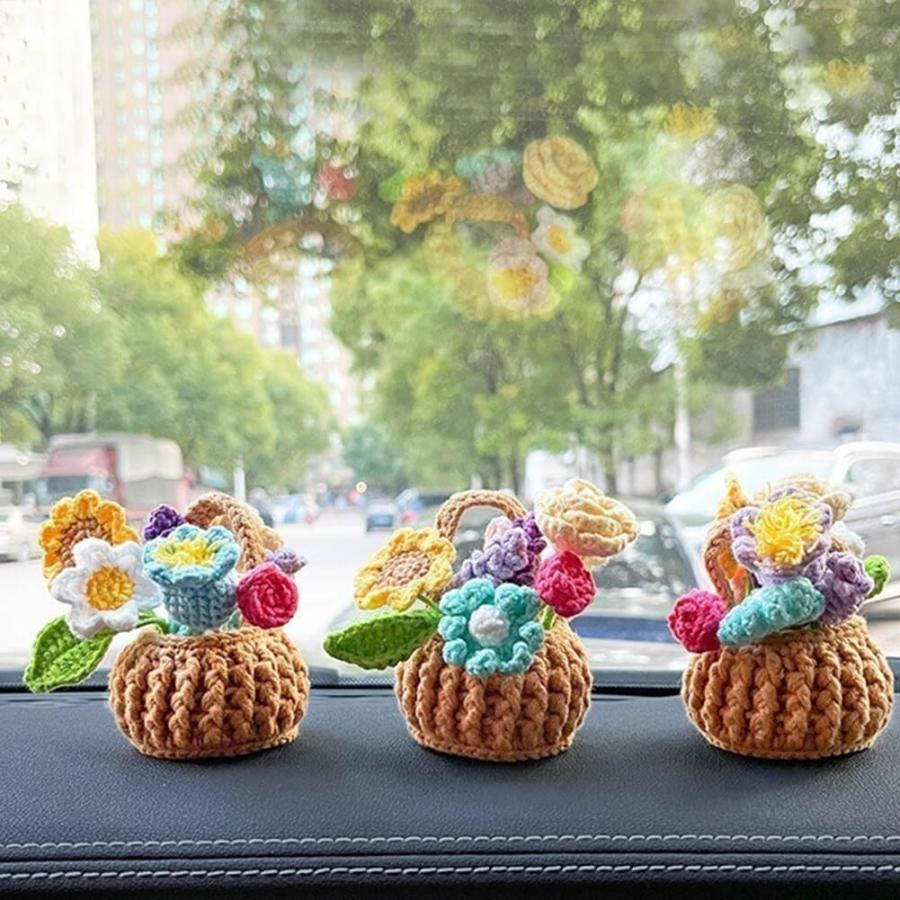 Surakey Car Crochet Flowers Basket Ornament Handmade Knitted Wool Flowers Potted Plants Basket Auto Dashboard Interior Accessories Dash Table Decor｜good-face｜08