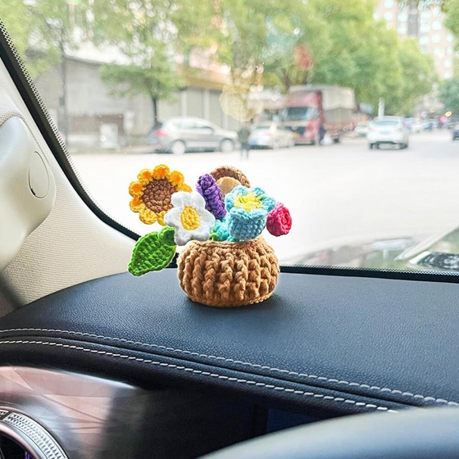 Surakey Car Crochet Flowers Basket Ornament Handmade Knitted Wool Flowers Potted Plants Basket Auto Dashboard Interior Accessories Dash Table Decor｜good-face｜09