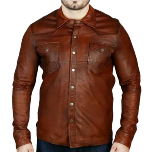【並行輸入品】RIZING STAR Men's Western Trucker Leather Smart Fitted Denim Shiの画像