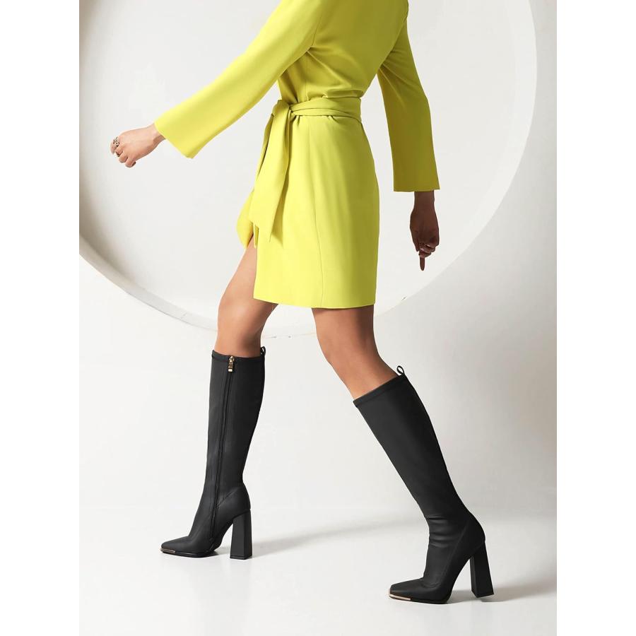 【公式ショップ】 vivianly Women´s Square Toe Knee High Boots Mid Chunky Heel Fashion Long Booties Side Zipper Boots Black Size 8　並行輸入品