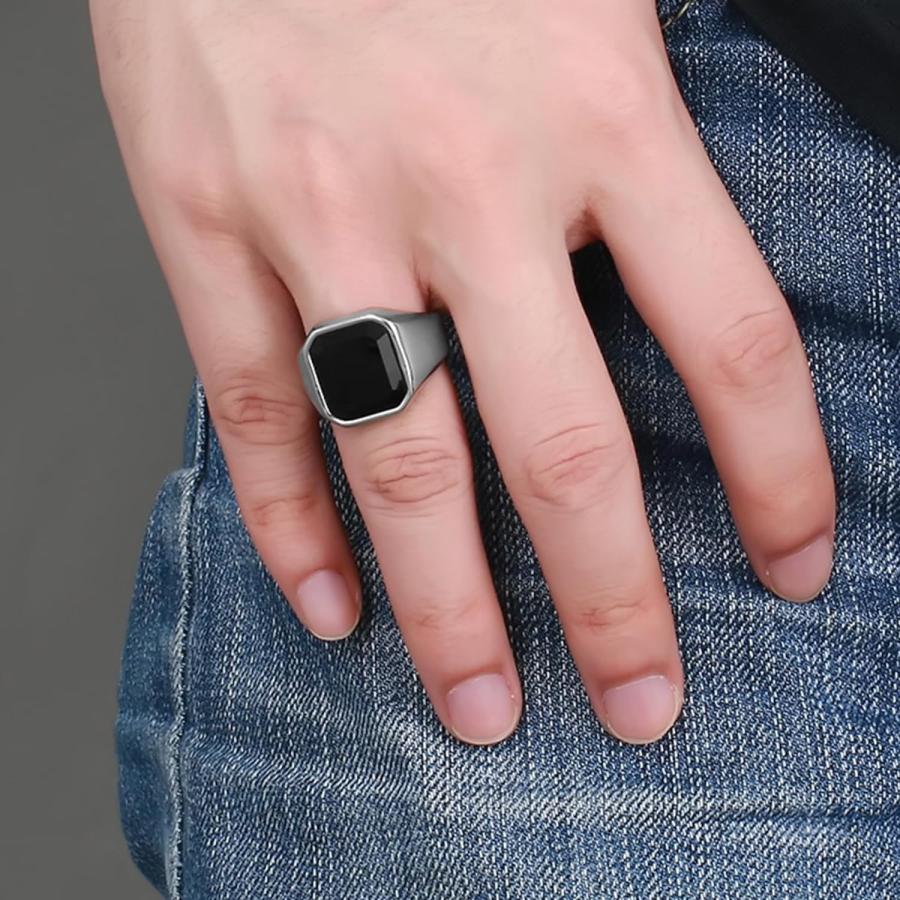 【並行輸入品】OSKINIA ブラックオニキスリング メンズ ステンレススチール クラシック シンプル シグネットリング  ステンレス鋼  オニキスの画像