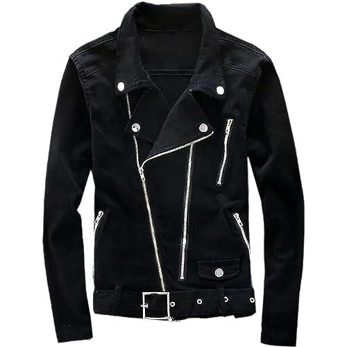 【並行輸入品】Men's Black Denim Biker Jean Jacket Classic Motorcycle Style Punの画像