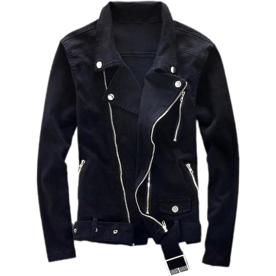 【並行輸入品】Men's Black Denim Biker Jean Jacket Classic Motorcycle Style Punの画像