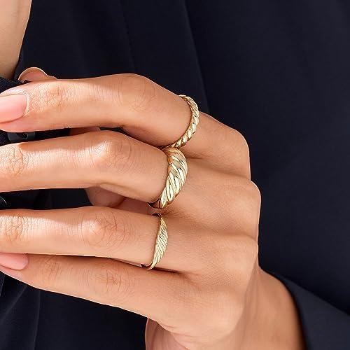 【並行輸入品】14K ソリッドゴールド ツイストスタッキングリング レディース スタッカブル スモール クロワッサン ツイストリング 細い 重ねの画像