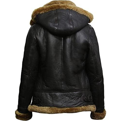 【並行輸入品】Women's Leather Jacket with Hood, Shearling Aviator Pilot Bomberの画像
