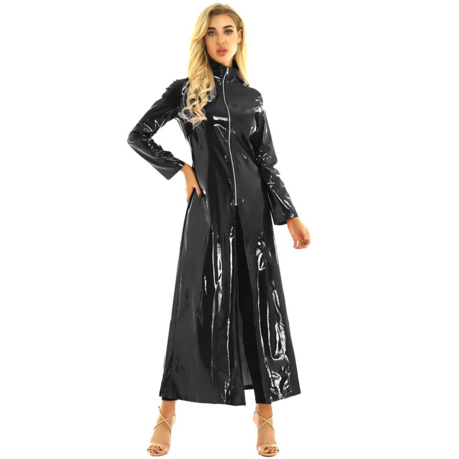 【並行輸入品】Yartina Womens Shiny Metallic Leather Turtleneck Trench Coat Zip_3