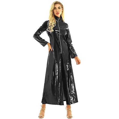 【並行輸入品】Yartina Womens Shiny Metallic Leather Turtleneck Trench Coat Zip_4