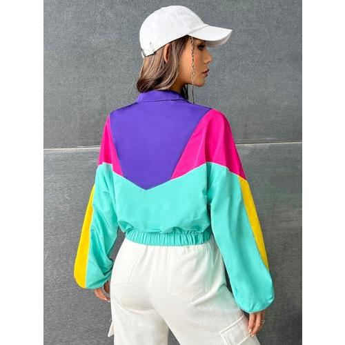 SweatyRocks Women's Colorblock Half Zip Long Sleeve Crop Jacket 並行輸入品