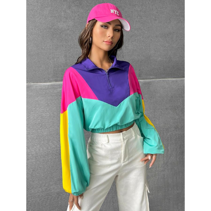 SweatyRocks SweatyRocks Women's Colorblock Half Zip Long Sleeve Crop Jacket 並行輸入品 Women's Letter Print Color Block Crop Sweatshirt Long