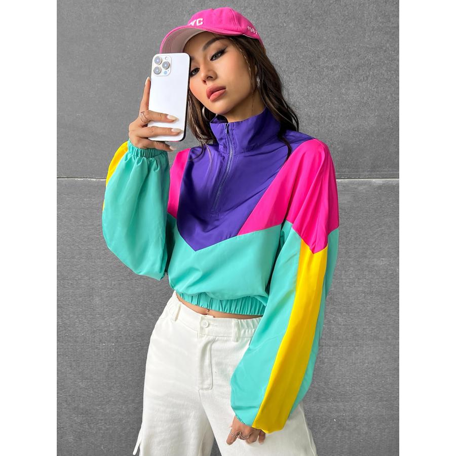 SweatyRocks SweatyRocks Women's Colorblock Half Zip Long Sleeve Crop Jacket 並行輸入品 Women's Letter Print Color Block Crop Sweatshirt Long