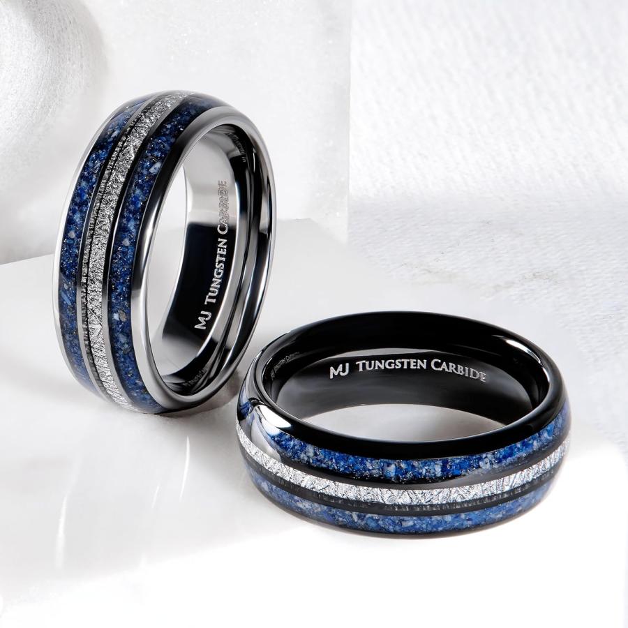 【並行輸入品】タングステンカーバイド 8mm 結婚指輪 光沢またはブラックメッキ仕上げ ラピスラズリと人工隕石インレー 快適フィットリング  金属の画像