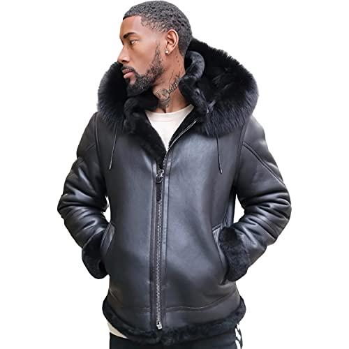 【並行輸入品】M&B Pelle Men’s Black Bomber Genuine Sheepskin Sherpa Shearlingの画像
