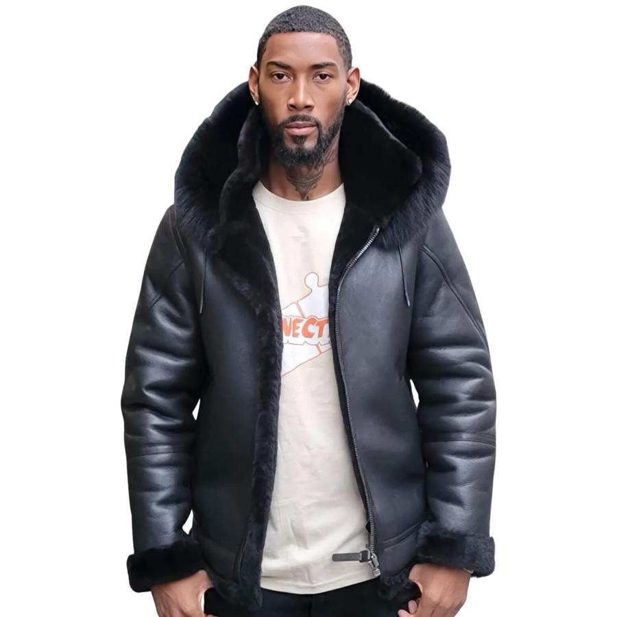 【並行輸入品】M&B Pelle Men’s Black Bomber Genuine Sheepskin Sherpa Shearlingの画像