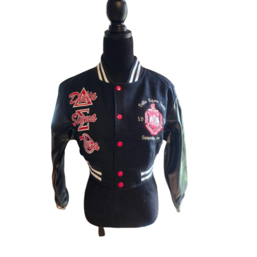 【並行輸入品】DVine 9 Designs Delta Sigma Theta Crop Varsity Jacket with Leathの画像