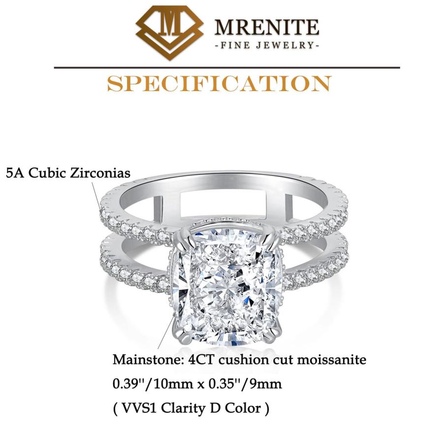 【並行輸入品】MRENITE 4CT Moissanite Cushion Cut Ring Cushion Moissanite Splitの画像