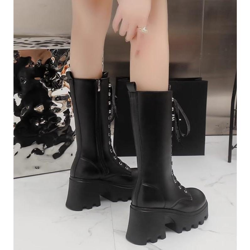 Spicy girl style front lace up knee high boots  autumn and winter new 9cm high thick heel sloping boots (Color : Black shoelaces  Size : 40)｜good-face｜03