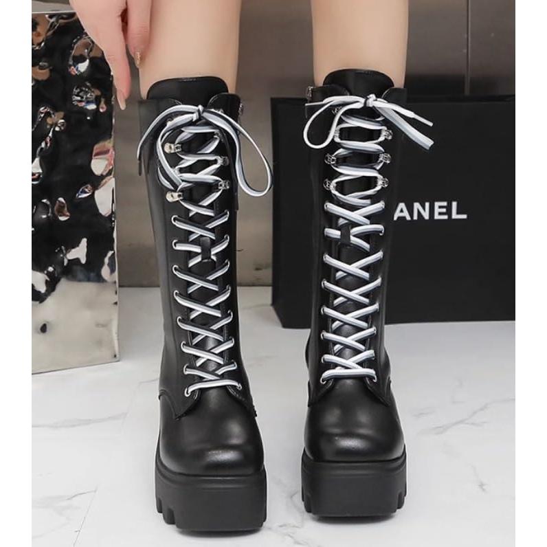 Spicy girl style front lace up knee high boots  autumn and winter new 9cm high thick heel sloping boots (Color : Black shoelaces  Size : 40)｜good-face｜05
