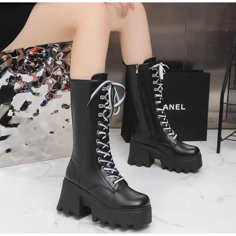 Spicy girl style front lace up knee high boots  autumn and winter new 9cm high thick heel sloping boots (Color : Black shoelaces  Size : 40)｜good-face｜06
